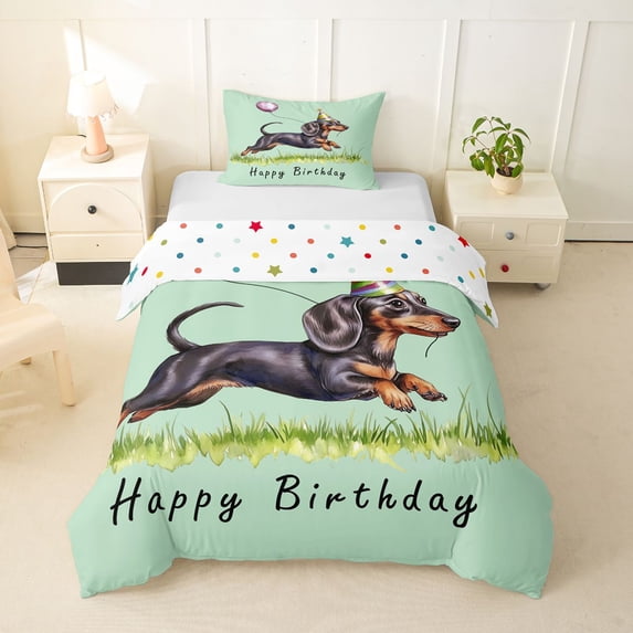 Homewish Dachshund Balloon Twin Duvet Cover,Pet Lovers Twin Bedding,Green,Happy Birthday Print Decor,Polkadot Reversible,2pcs,1 Duvet Cover and 1 Pillowcase