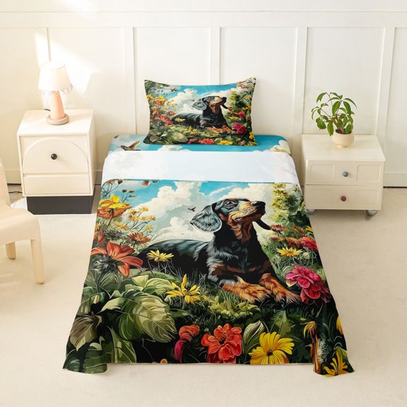 Homewish Dachshund Bird Twin Sheets,Floral Leaf Bedding,Green,3 Pieces,1 Fitted Sheet and 1 Pillowcase