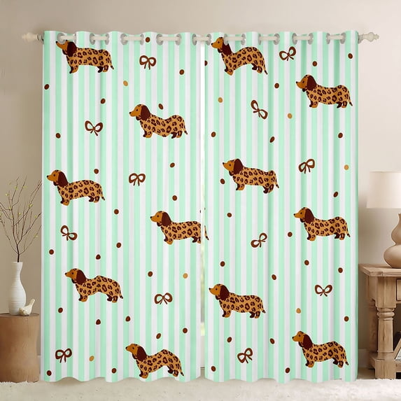 Homewish Dachshund Bow Kitchen Curtains,Cute Animal Black Out Curtains Pack of 2 (42x63 Each),Green White Stripes Decor