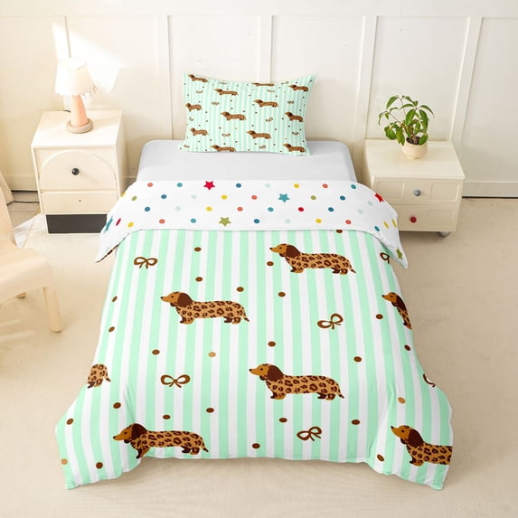 Homewish Dachshund Bow Twin Duvet Cover,Cute Animal Twin Bedding,Green White Stripes Decor,Polkadot Reversible,2 Pieces,1 Duvet Cover and 1 Pillowcase