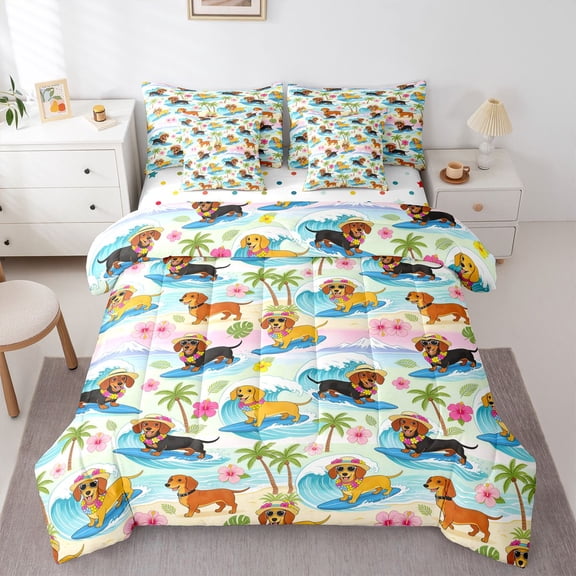 Homewish Dachshund Dog 7-Piece Twin Bedding,Hibiscus Flower Palm Tree Bedding Comforter Set,Ocean Wave Decor,Polkadot Reversible