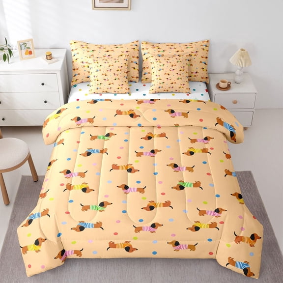 Homewish Dachshund Dog 7-Piece Twin Bedding,Polka Dot Bedding Comforter Set,Orange,Polkadot Reversible
