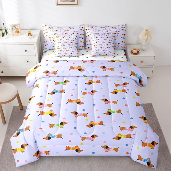 Homewish Dachshund Dog 7 Pieces Full Size Bedding Sets,Cartoon Animals Full Size Bed in a Bag,Purple,Polkadot Reversible