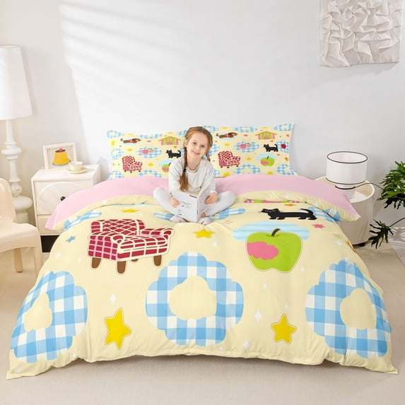 Homewish Dachshund Dog Cat Bedding,Cartoon Animal Themed Duvet Cover Full,Yellow,Pink Reversible,3pcs,1 Duvet Cover and 2 Pillowcases