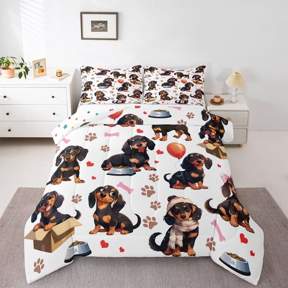 Homewish Dachshund Dog Full Size Comforter Sets,Paw Bone Print Bedding Comforter Set,Red Balloon Decor,Polkadot Reversible,3 Pieces,1 Comforter and 2 Pillowcases