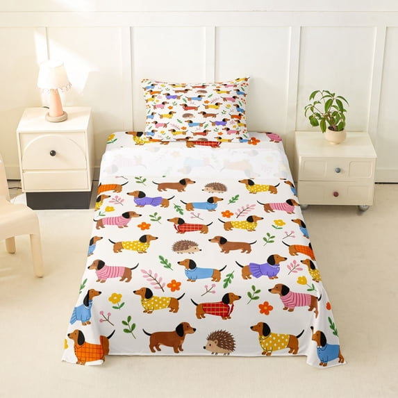 Homewish Dachshund Dog Hedgehog Twin Sheets,Spring Flower Leaf Bedding,Cream,3 Pieces,1 Fitted Sheet and 1 Pillowcase