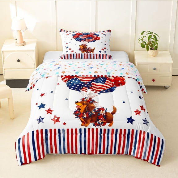 Homewish Dachshund Dog Twin Comforter Sets,4Th Of July Us Flag Bedding Set,Red Blue Stars Balloons Decor,Colorful Stars Reversible,2-Piece,1 Comforter and 1 Pillowcase