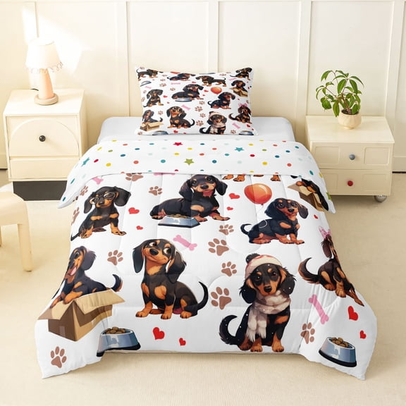 Homewish Dachshund Dog Twin Comforter Sets,Paw Bone Print Bedding Set,Red Balloon Decor,Polkadot Reversible,2-Piece,1 Comforter and 1 Pillowcase