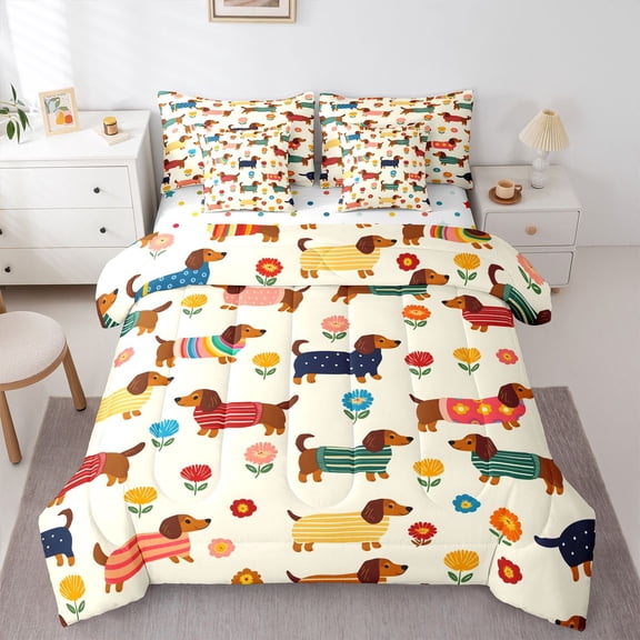 Homewish Dachshund Floral 7-Piece Twin Bedding,Cartoon Pet Dog Bedding Comforter Set,Cream,Polkadot Reversible
