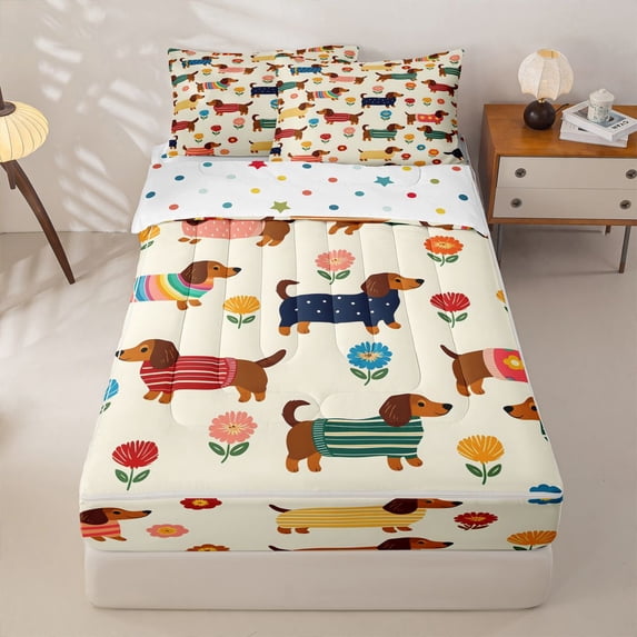 Homewish Dachshund Floral Zipper Full Size Comforter Sets with Fitted Sheet and 2 Pillowcases,Cartoon Pet Dog Zipper Bedding Set,Cream,Polkadot Reversible,4pcs