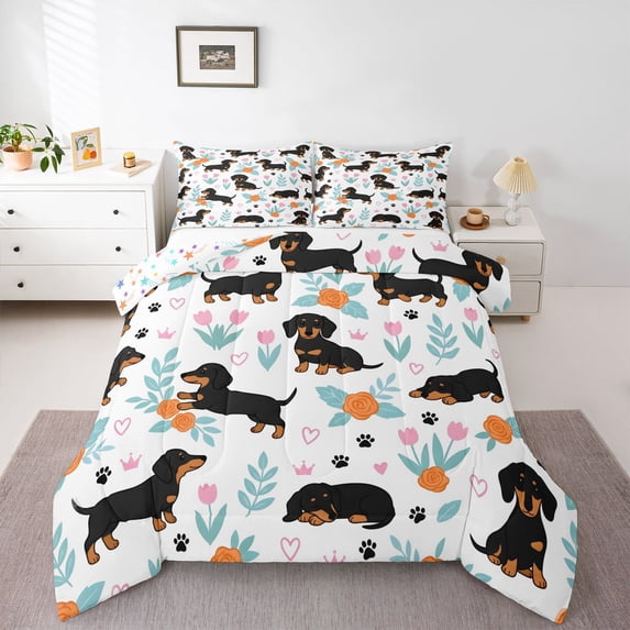 Homewish Dachshund Full Size Comforter Sets,Tulip Flower Bedding Comforter Set,White,Dog Paws Decor,Colorful Stars Reversible,3pcs,1 Comforter and 2 Pillowcases