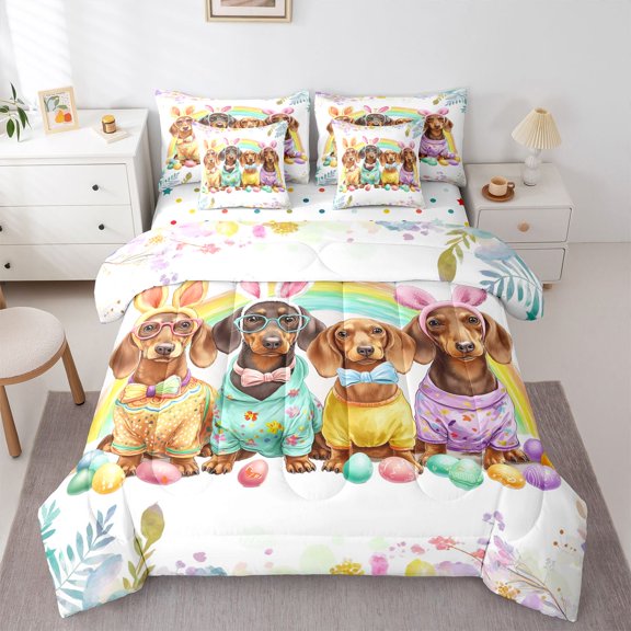 Homewish Dachshunds Dog 7 Pieces Full Size Bedding Sets,Easter Egg Full Size Bed in a Bag,Rainbow Decor,Polkadot Reversible