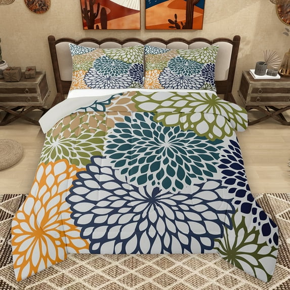 Homewish Dahlia Botanical Flower Full Size Comforter Sets,Floral Theme Bedding Comforter Set,Orange Green Blue Bedding Sets For Kids,Microfiber Bedroom Decor Reversible,3 Pieces