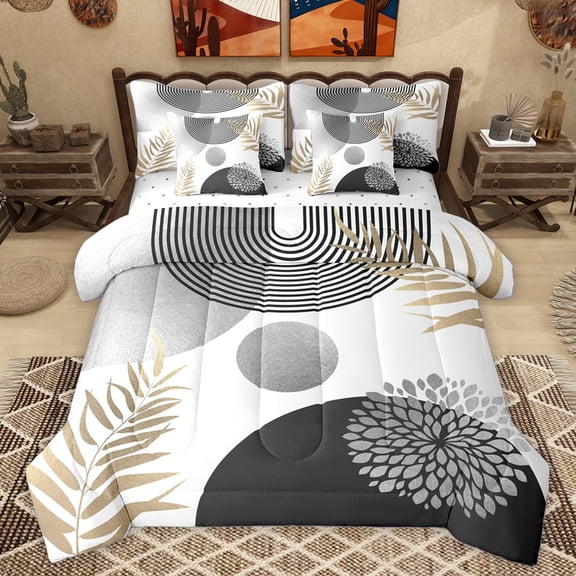 Homewish Dahlia Flower Leaf 7-Piece Bedding Comforter Set,Abstract Geometric Circle Stripe King Bedding Sets,White Black Gold Bed Sheets For Adult,Luxury Bedroom Decor Reversible