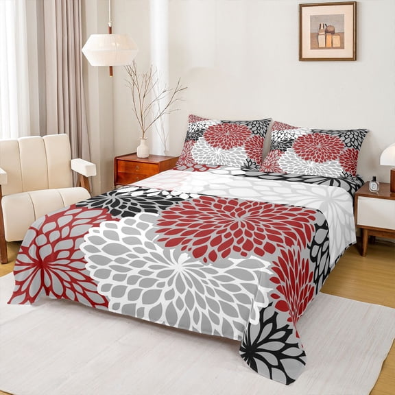 Homewish Dahlia Queen Sheet Sets,Retro Flower Flat Sheet,White Red Blue Queen Fitted Sheet For Men Women,Breathable Home Decor,4pcs