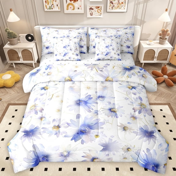 Homewish Daisy Flowers Bedding Comforter Set 7 Pieces for Female Men Adults,Abstract Gradient Blossoms Full Bedding Set Lightweight,Spring Garden Fitted Sheet Flat Sheet,Breathable Home Decor
