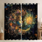 Homewish Daisy Sun Moon Kitchen Curtains, Mystic Cosmos Stars Black Out Curtains Pack of 2 42x63 Each