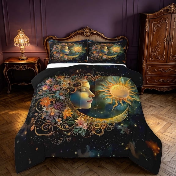 Homewish Daisy Sun Moon Queen Comforter Set, Mystic Cosmos Stars Comforter Sets Queen, Black Reversible 3pcs, 1 Comforter and 2 Pillowcases