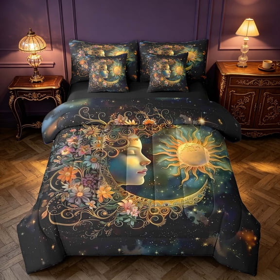 Homewish Daisy Sun Moon Twin Bedding, Mystic Cosmos Stars Bedding Comforter Set, Black Reversible 7pcs