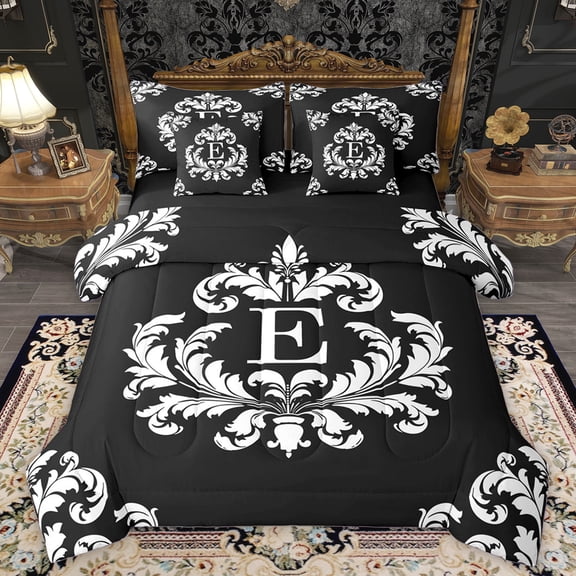 Homewish Damask Pattern 7-Piece Twin Bedding Sets,Vintage Baroque Flower Bedding Comforter Set,First Letter E Sheet Sets For Adult,Super Cozy Room Decor Reversible