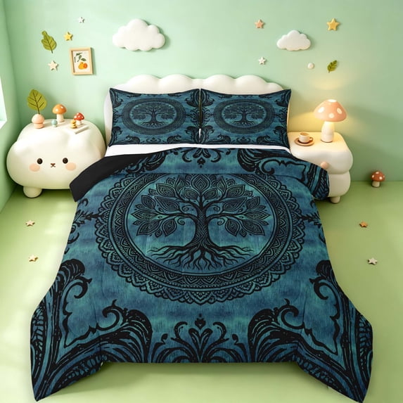 Homewish Damask Tree Of Life Queen Comforter Set,Bohemian Exotic Style Comforter Sets Queen,Black Teal,Black Reversible,3pcs,1 Comforter and 2 Pillowcases