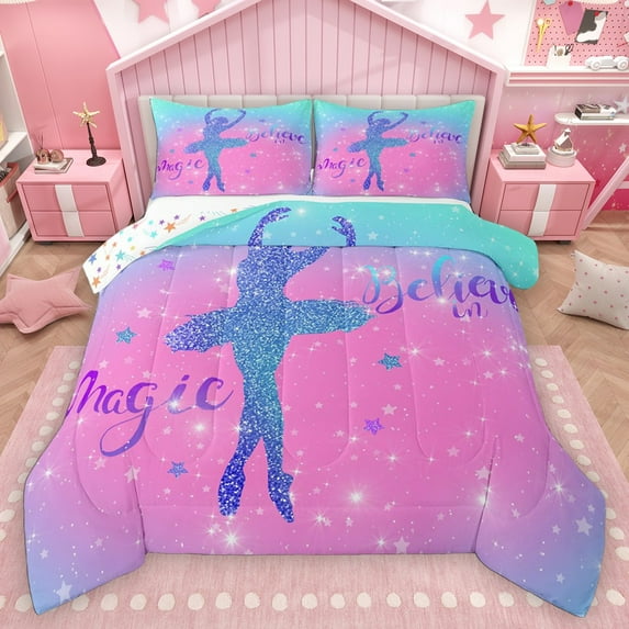 Homewish Dance Ballet Girl Bedding Comforter Set 2pcs for Female Men Girls,Bling Gradient Glitter Twin Comforter Sets Microfiber,Dreamy Princess Breathable Bedding Set,Microfiber Bedroom Decor