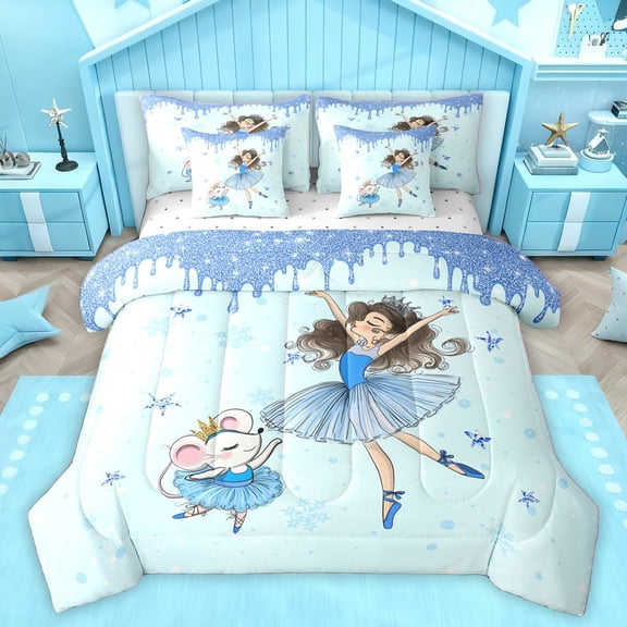 Homewish Dance Ballet Girl Bedding Comforter Set 7pcs for Kids Children,Bling Stars Snowflake Queen Bedding Sets Super Cozy,Graffiti Splash Queen Sheet Sets,Breathable Home Decor,Reversible