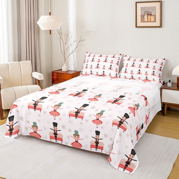 Homewish Dance Ballet Girl Full Size Sheets 4-Piece for Child Kids Teens,Cartoon Nutcracker Breathable Bed Sheets,Merry Christmas Xmas Lightweight Sheet Sets,Super Cozy Room Decor