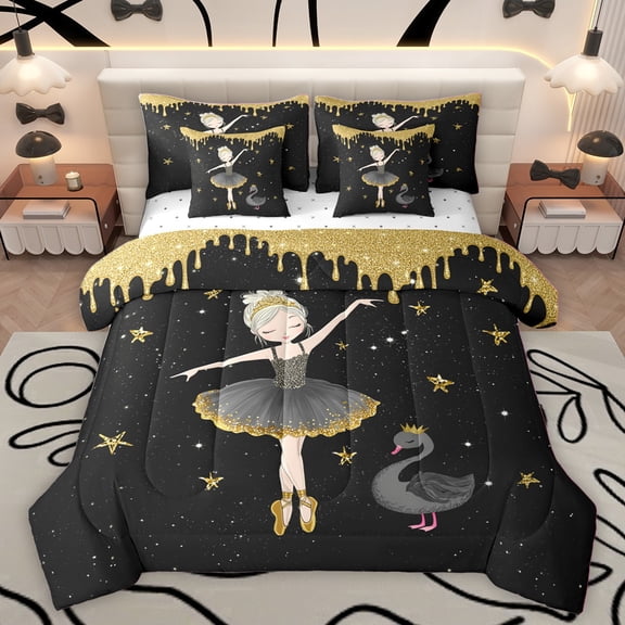 Homewish Dance Ballet Girl Twin Bedding Sets 7-Piece for Teens Children,Cartoon Swan Bedding Comforter Set Microfiber,Golden Stars Glitter Breathable Sheet Sets,Microfiber Bedroom Decor,Reversible