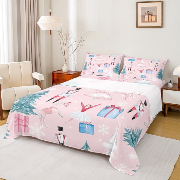 Homewish Dance Ballet Girl Twin Sheet Sets 3pcs for Boys Girls Teens,Christmas Nutcracker Twin Fitted Sheet Microfiber,Xmas Festival Breathable Flat Sheet,Ultra Soft Home Decor