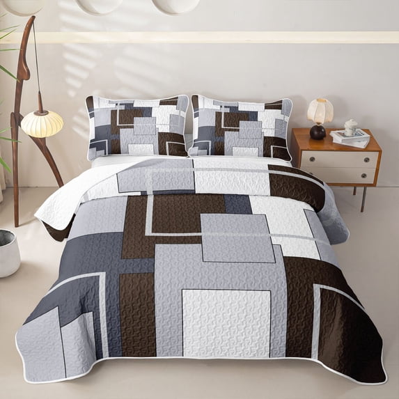 Homewish Dark Brown Block Twin Quilt Set,Contemporary Artwork Twin Coverlet Set,2pcs