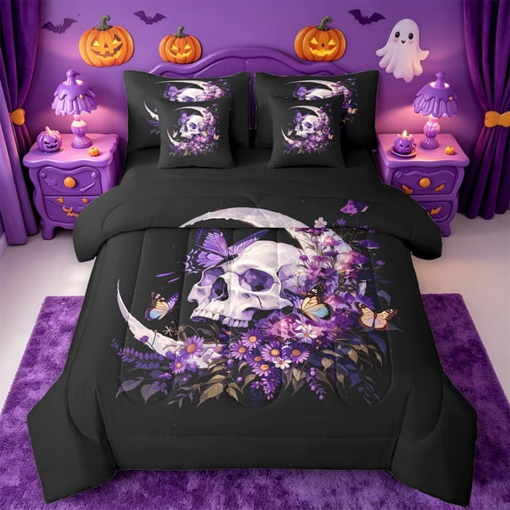 Homewish Dark Floral Halloween Skull 7-Piece Twin Bedding,Moon Butterfly Daisy Pattern Bedding Comforter Set,Black Purple,Black Reversible
