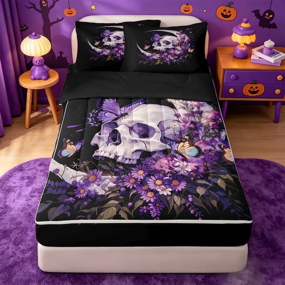 Homewish Dark Floral Halloween Skull Zipper Twin Comforter Sets with Fitted Sheet and 2 Pillowcases,Moon Butterfly Daisy Pattern Zipper Bedding Set,Black Purple,Black Reversible,4pcs