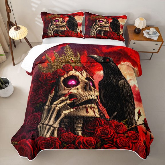Homewish Dark Gothic Crown Skull Bed Spread Queen for Adults, Red Rose Raven Skeleton Queen Coverlet Set, 3pcs