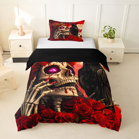 Homewish Dark Gothic Crown Skull Twin Duvet Cover for Adults, Red Rose Raven Skeleton Twin Bedding, Black Reversible, 2pcs, 1 Duvet Cover and 1 Pillowcase