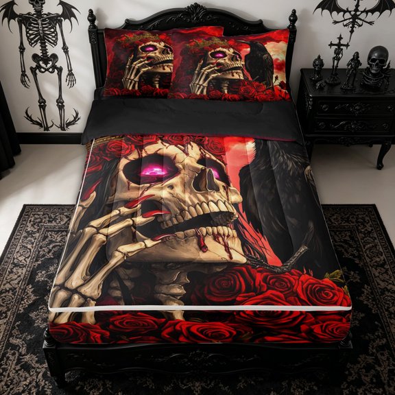 Homewish Dark Gothic Crown Skull Zipper Twin Comforter Sets with Fitted Sheet and 2 Pillowcases for Adults, Red Rose Raven Skeleton Zipper Bedding Set, Black Reversible, 4pcs