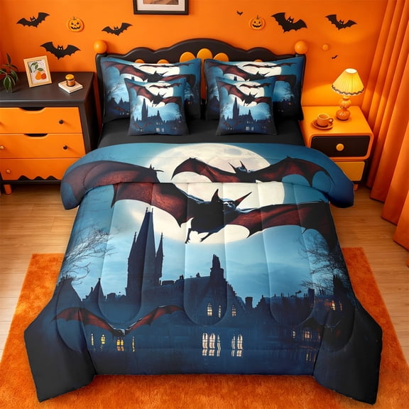 Homewish Dark Gothic Halloween Castle 7 Pieces Full Size Bedding Sets,Black Bat Moon Night Print Full Size Bed in a Bag,Teal Black,Black Reversible