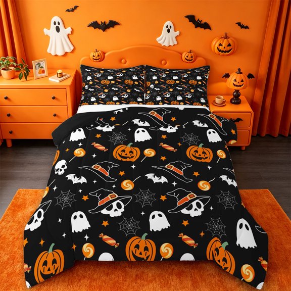 Homewish Dark Gothic Halloween Queen Comforter Set,Witch Hat Skull Pumpkin Candy Spider Print Comforter Sets Queen,Black Reversible,3pcs,1 Comforter and 2 Pillowcases