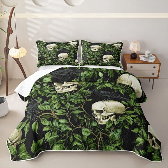 Homewish Dark Gothic Halloween Raven Skull Quilt King,Green Leaf Pattern King Coverlet Set,Deep Green Black,3 Pieces