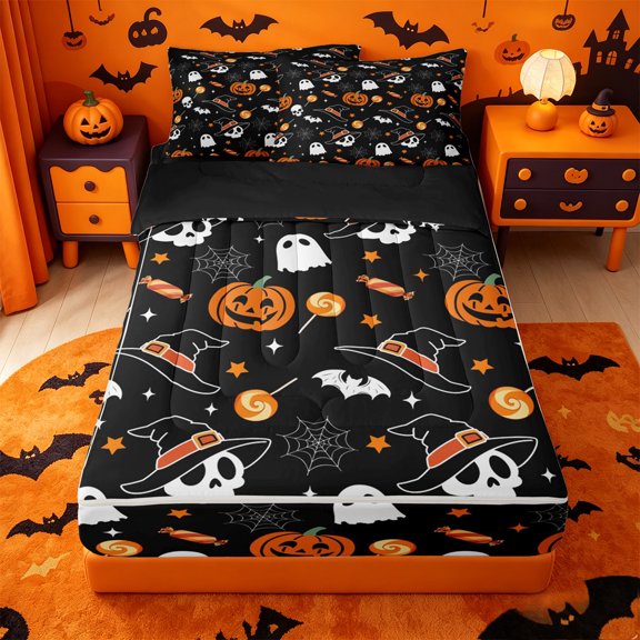 Homewish Dark Gothic Halloween Zipper Twin Comforter Sets with Fitted Sheet and 2 Pillowcases,Witch Hat Skull Pumpkin Candy Spider Print Zipper Bedding Set,Black Reversible,4-Piece