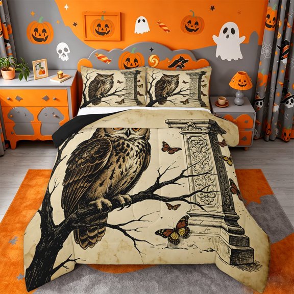 Homewish Dark Halloween Owl Queen Comforter Set,Vintage Butterfly Print Comforter Sets Queen,Sepia Brown Cream,Black Reversible,3pcs,1 Comforter and 2 Pillowcases