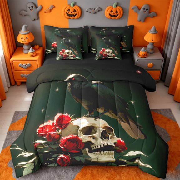 Homewish Dark Halloween Raven Skull 7 Pieces Full Size Bedding Sets,Blooming Rose Print Full Size Bed in a Bag,Forest Green Black Red,Black Reversible