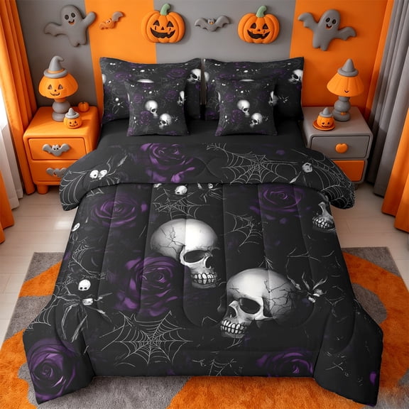 Homewish Dark Halloween Skull Rose 7-Piece Twin Bedding,Spider Web Pattern Bedding Comforter Set,Black Purple,Black Reversible