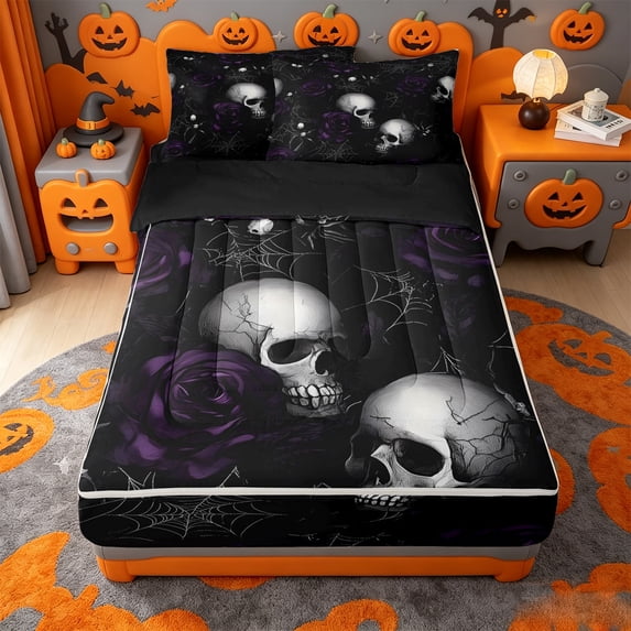 Homewish Dark Halloween Skull Rose Zipper Twin Comforter Sets with Fitted Sheet and 2 Pillowcases,Spider Web Pattern Zipper Bedding Set,Black Purple,Black Reversible,4pcs