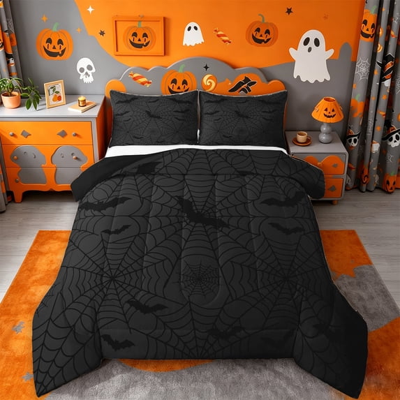 Homewish Dark Halloween Spider Web Queen Comforter Set,Bat Silhouette Print Comforter Sets Queen,Black Gray,Black Reversible,3 Pieces,1 Comforter and 2 Pillowcases