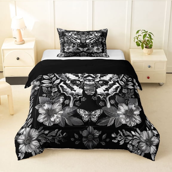Homewish Death Moth Twin Comforter Sets For Adults Teens,Retro Floral Bedding Set,Gray Black,Halloween Duvet,Black Reversible,2-Piece,1 Comforter and 1 Pillowcase