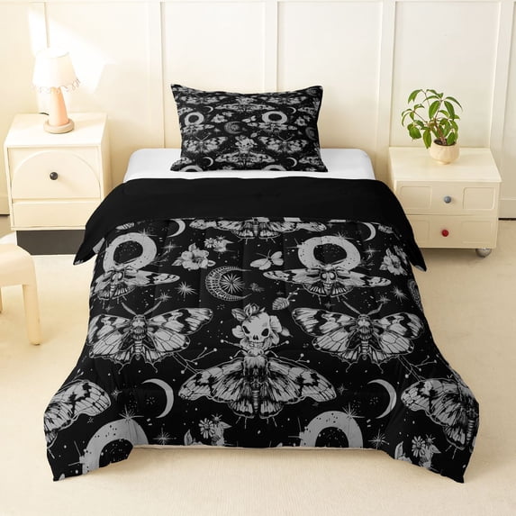 Homewish Death Moth Twin Comforter Sets,Halloween Skull Skeleton Bedding Set,Black Gray,Black Reversible,2 Pieces,1 Comforter and 1 Pillowcase
