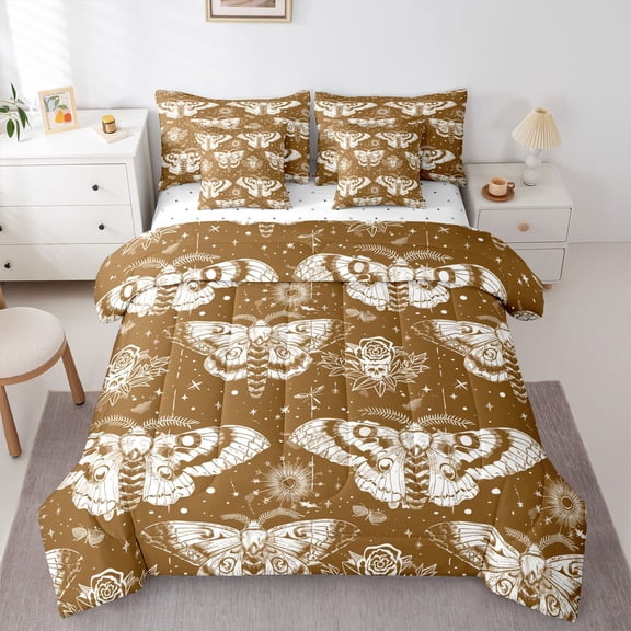 Homewish Death Moths 7 Pieces Full Size Bedding Sets,Goth Halloween Skull Full Size Bed in a Bag,Yellow Purple,Reversible