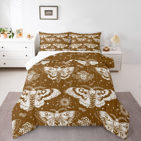 Homewish Death Moths Queen Comforter Set,Goth Halloween Skull Comforter Sets Queen,Yellow Purple,Reversible,3-Piece,1 Comforter and 2 Pillowcases