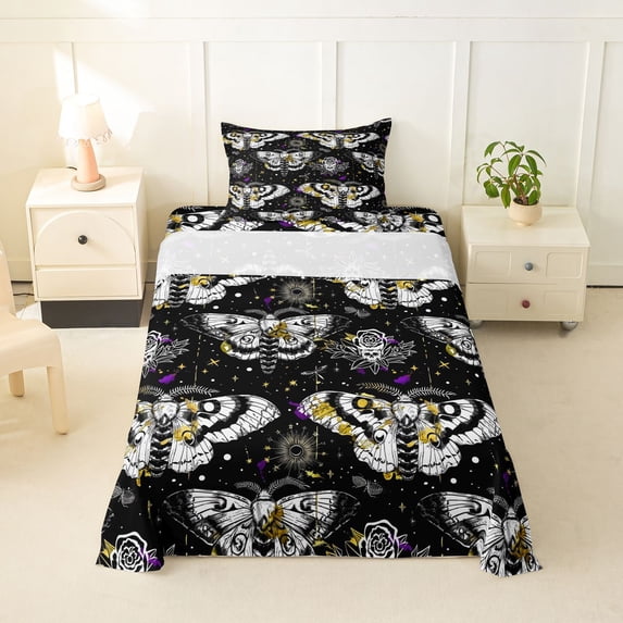 Homewish Death Moths Twin Sheets,Halloween Spooky Skull Bedding,Yellow Purple,3-Piece,1 Fitted Sheet and 1 Pillowcase